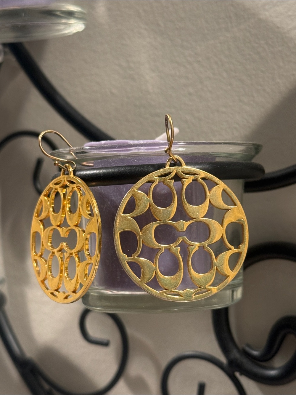 Coach Gold Openwork Signature Round Drop Earrings